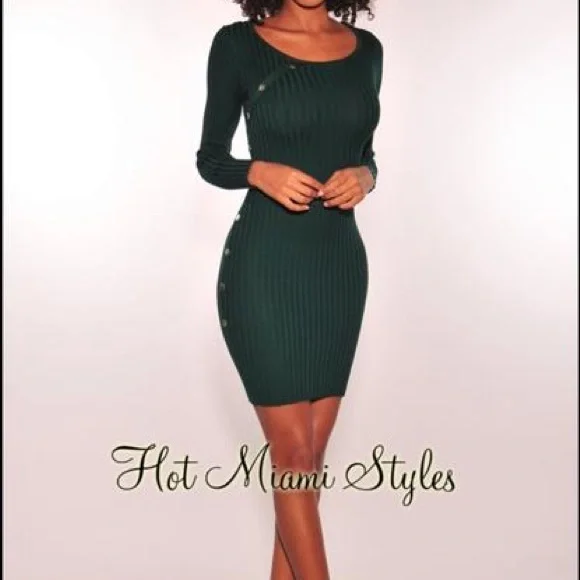 Hot Miami Styles Dresses | Hunter Green Ribbed Knit Silver Button Long Sleeve Dress | Color: Green | Size: One Size | Jzee89'S Closet